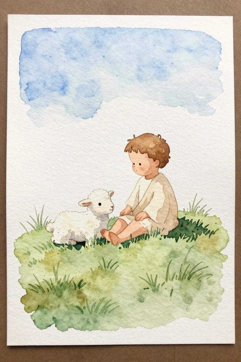 Watercolor of barefoot child in robe beside white lamb on green grass under blue sky.