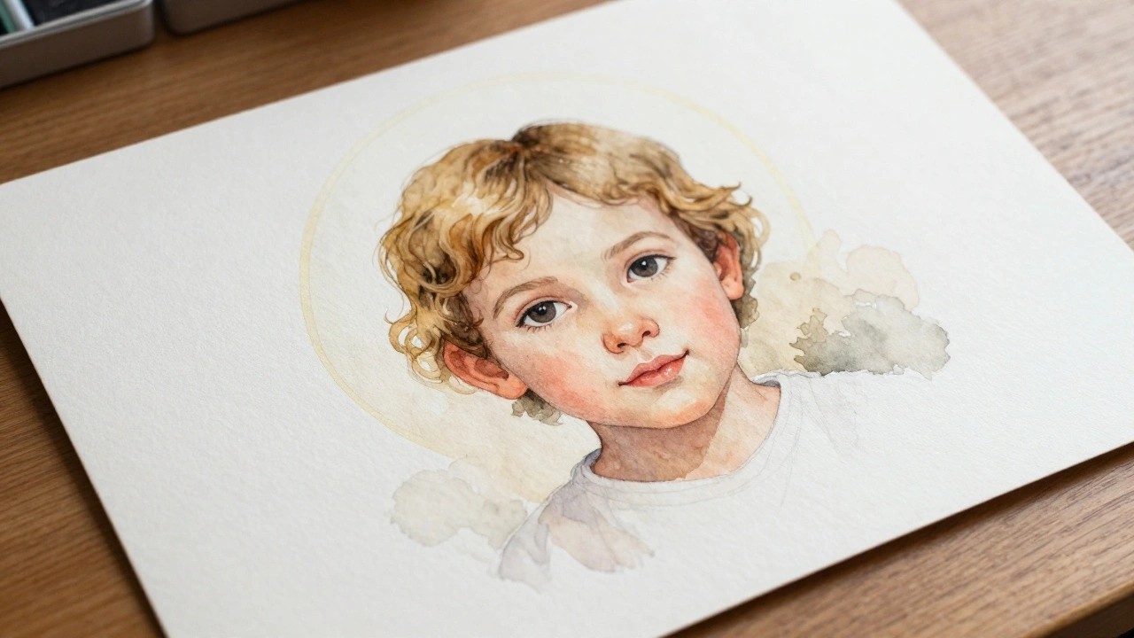 Watercolor portrait of curly-haired child with blue eyes in light shirt on paper.
