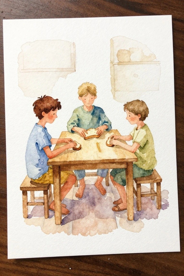 Three barefoot boys in blue, green, and yellow shirts make sandwiches at a wooden table, watercolor.