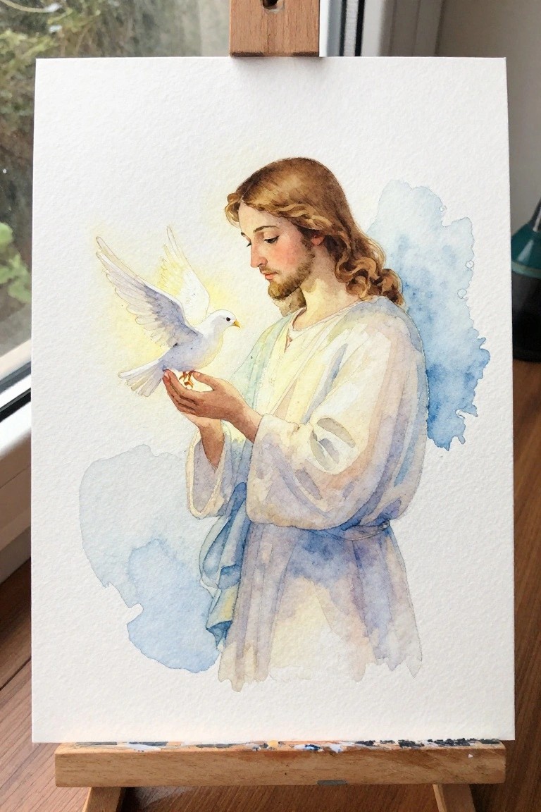 Watercolor of Jesus in blue robes holding a glowing white dove on easel