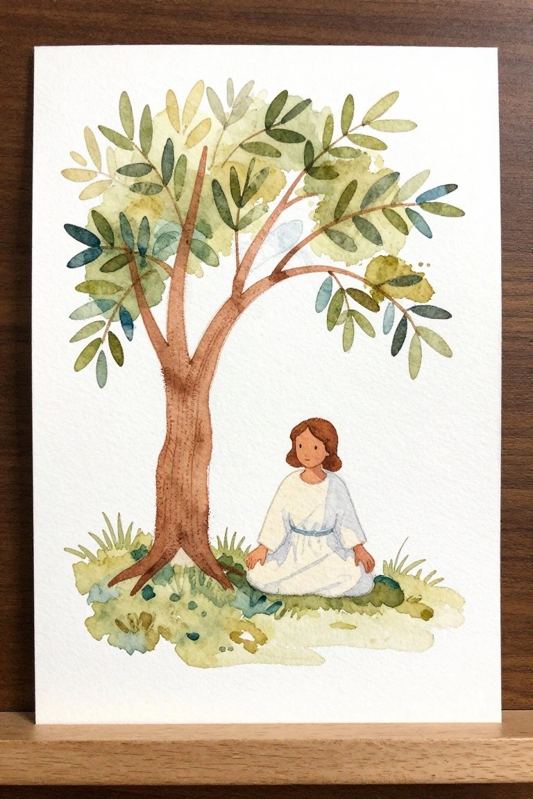 Watercolor of brown-haired woman in white-blue robe seated under leafy tree.