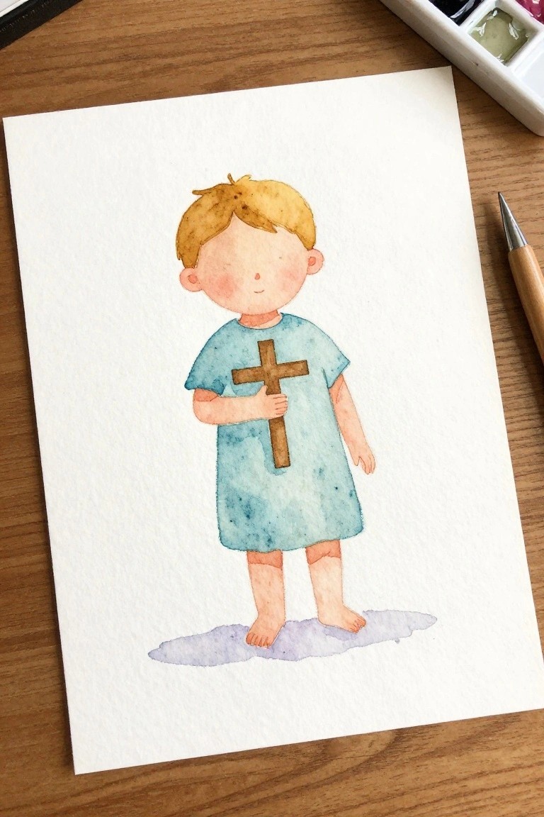 Watercolor painting of blond boy in blue tunic holding wooden cross barefoot