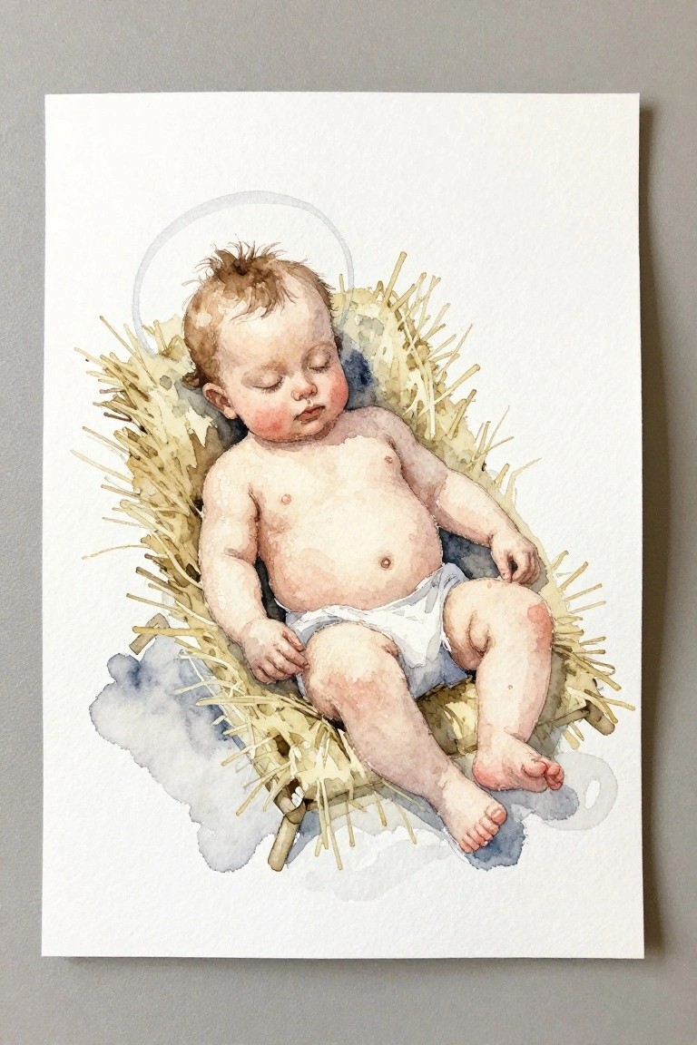 Watercolor of sleeping baby with halo in straw-filled manger wearing white diaper