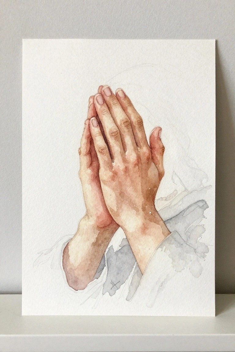Watercolor of clasped hands with soft skin tones, white sleeves, and gray washes.