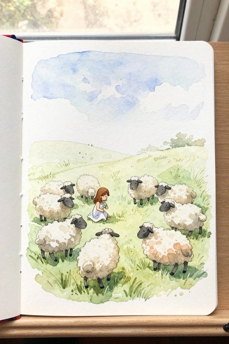 Girl in blue dress seated with sheep in watercolor grassy field under blue sky