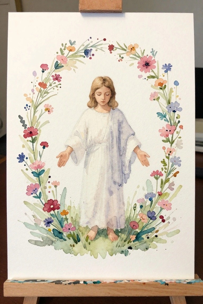 Watercolor of robed child with outstretched arms amid vibrant floral wreath on easel