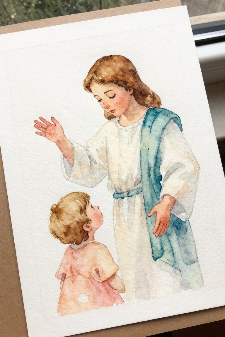Watercolor of Jesus in white robes with blue sash reaching toward child in pink.