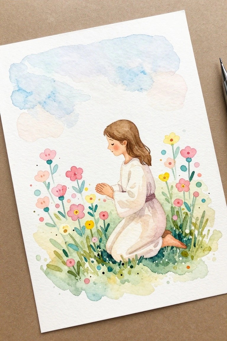 Watercolor painting of a girl in white kneeling prayerfully amid colorful flowers under blue sky.
