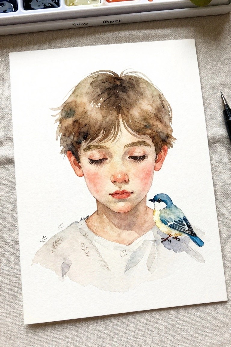 Watercolor of a serene boy with closed eyes and a blue bird perched on his shoulder