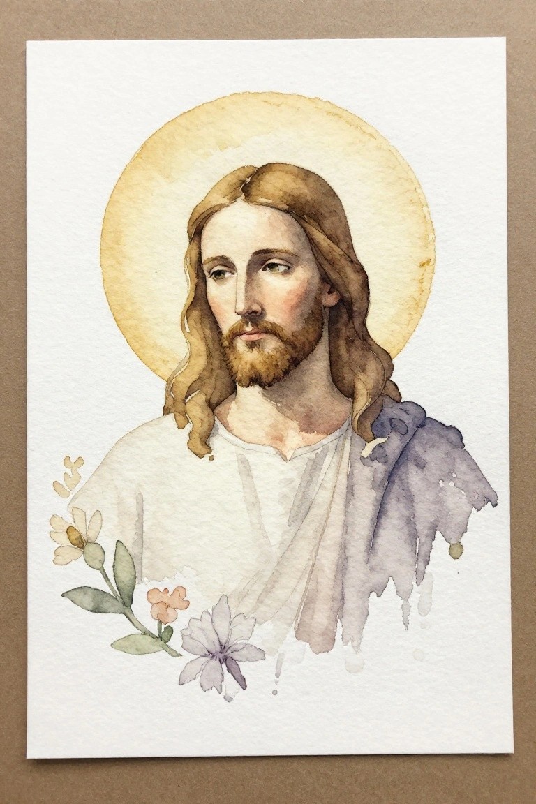 Watercolor portrait of Jesus with golden halo, brown hair, beard, white robe, and flowers.