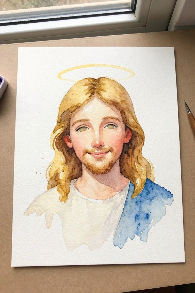 Watercolor portrait of Jesus with long blonde hair, beard, halo, and blue robe.