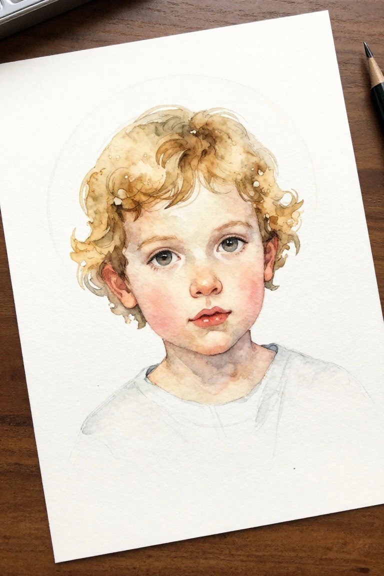 Watercolor portrait of curly-haired child with blue eyes in light shirt on paper.