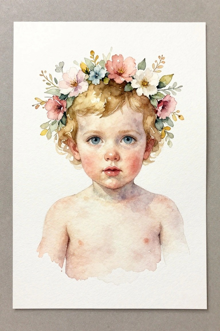 Watercolor of curly-haired blond toddler with blue eyes and flower crown.