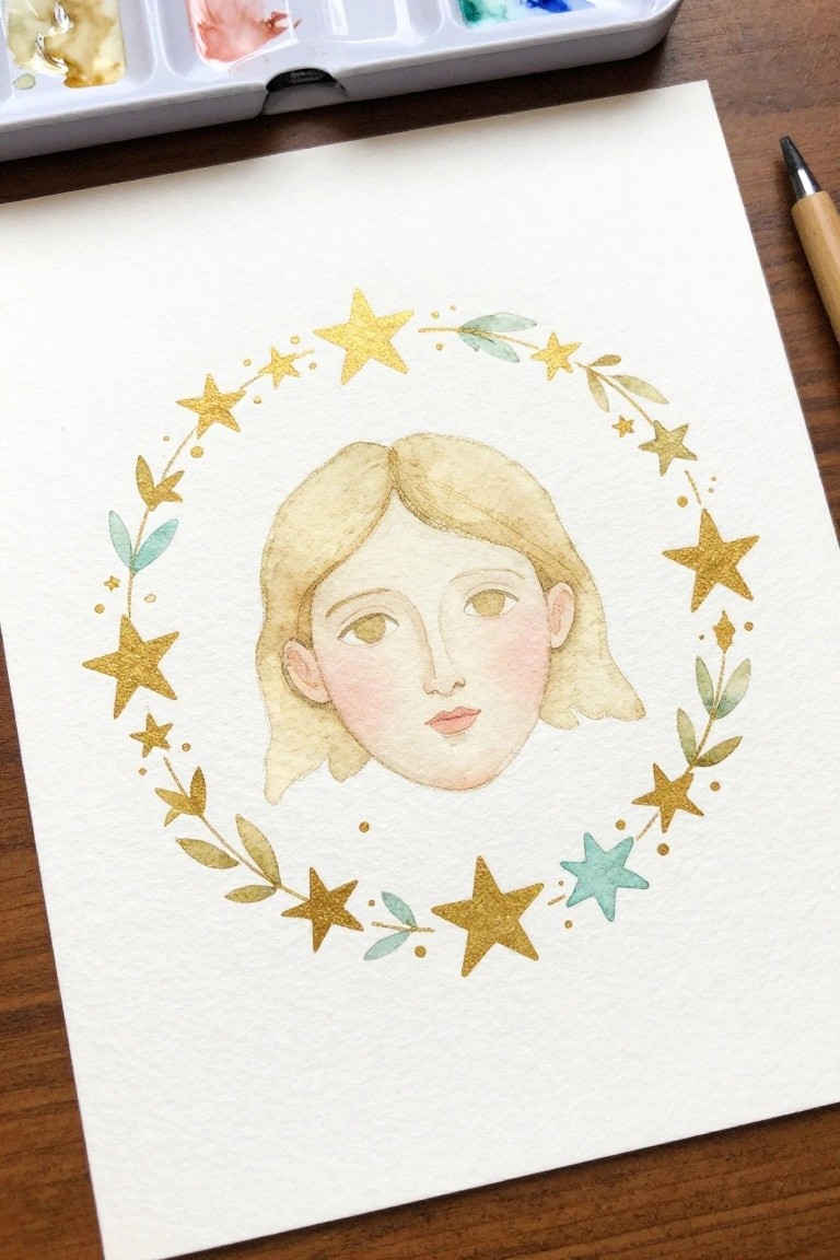 Watercolor portrait of a woman with golden stars and leafy wreath on paper