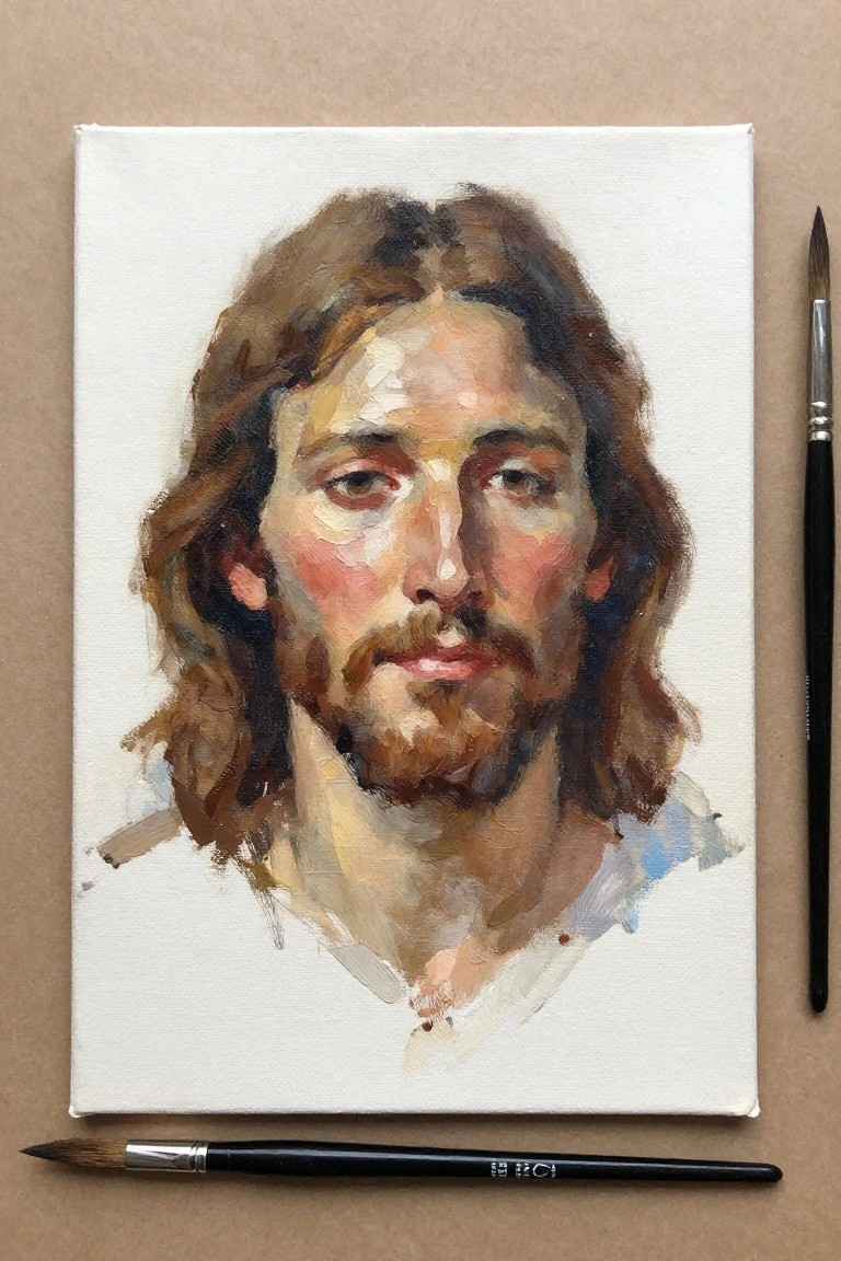 Oil portrait of long-haired bearded man on canvas beside two paintbrushes