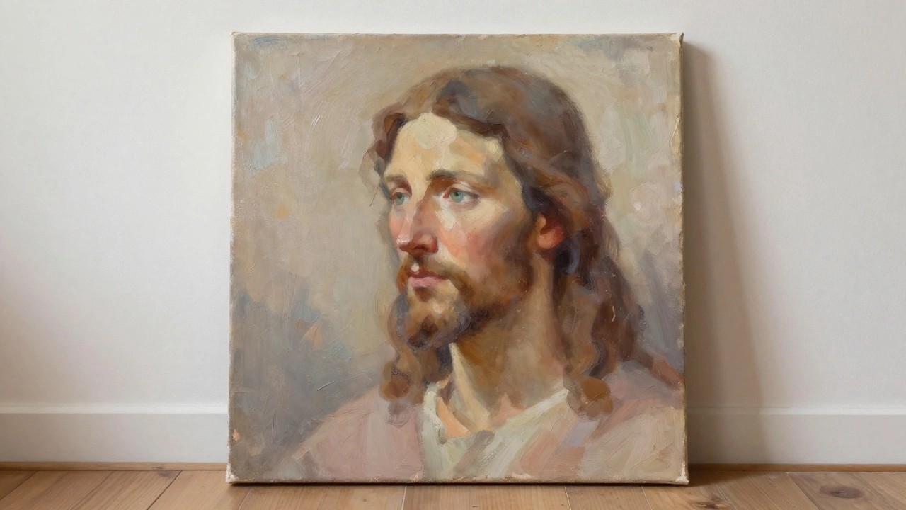 Oil painting of Jesus with shoulder-length brown hair, a beard, and a white robe against a soft neutral background.
