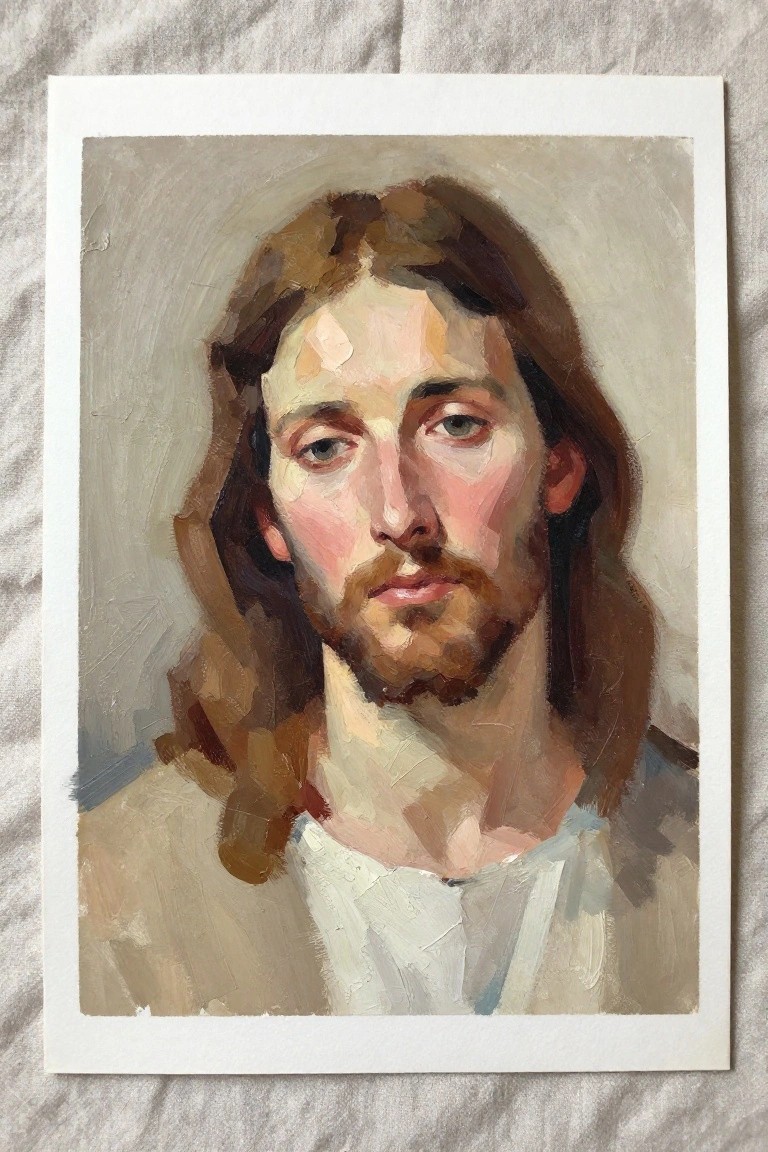 An oil painting shows a close-up portrait of Jesus with long brown hair, a beard, and a white garment against a plain background.