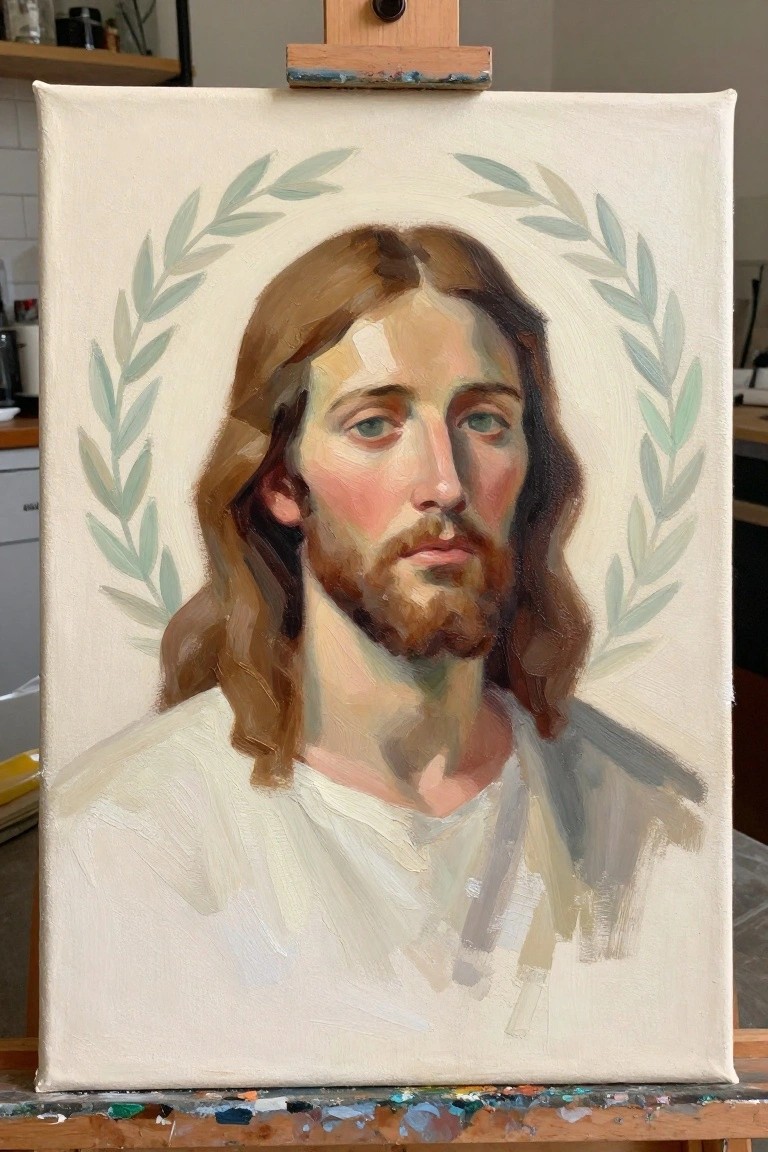 Oil painting of long-haired bearded man in white robe with green laurel wreath on easel.