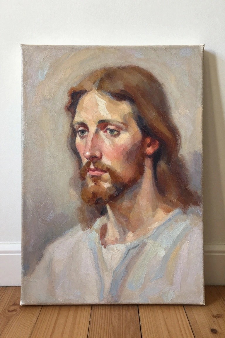 Oil painting of Jesus with shoulder-length brown hair, a beard, and a white robe against a soft neutral background.