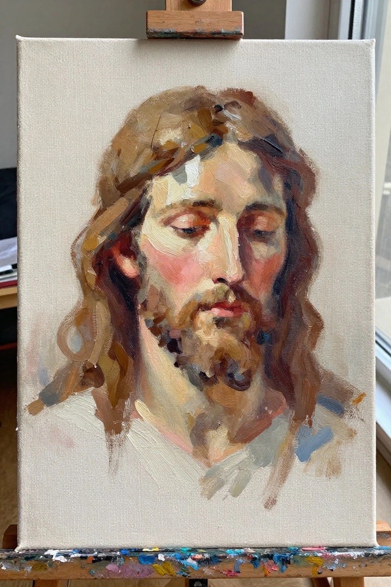 Expressive oil portrait of Jesus with crown of thorns on wooden easel