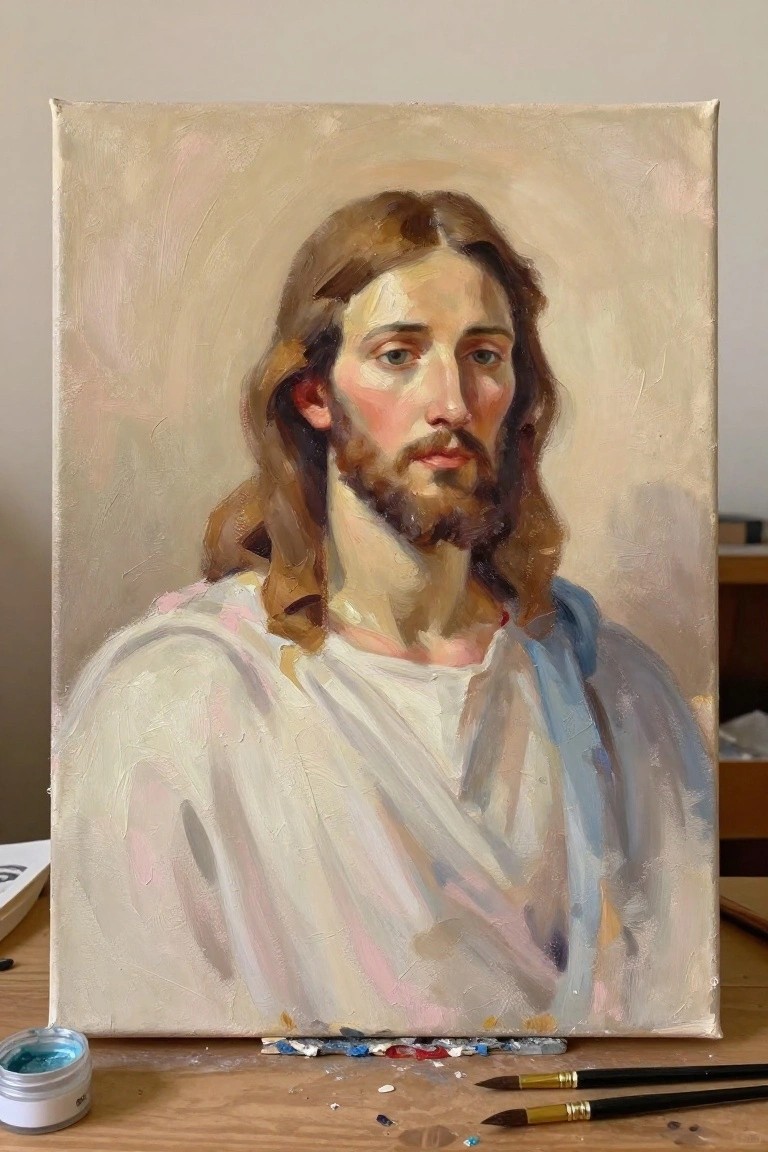 Oil painting of Jesus with long brown hair, beard, and white blue robes beside paintbrushes.