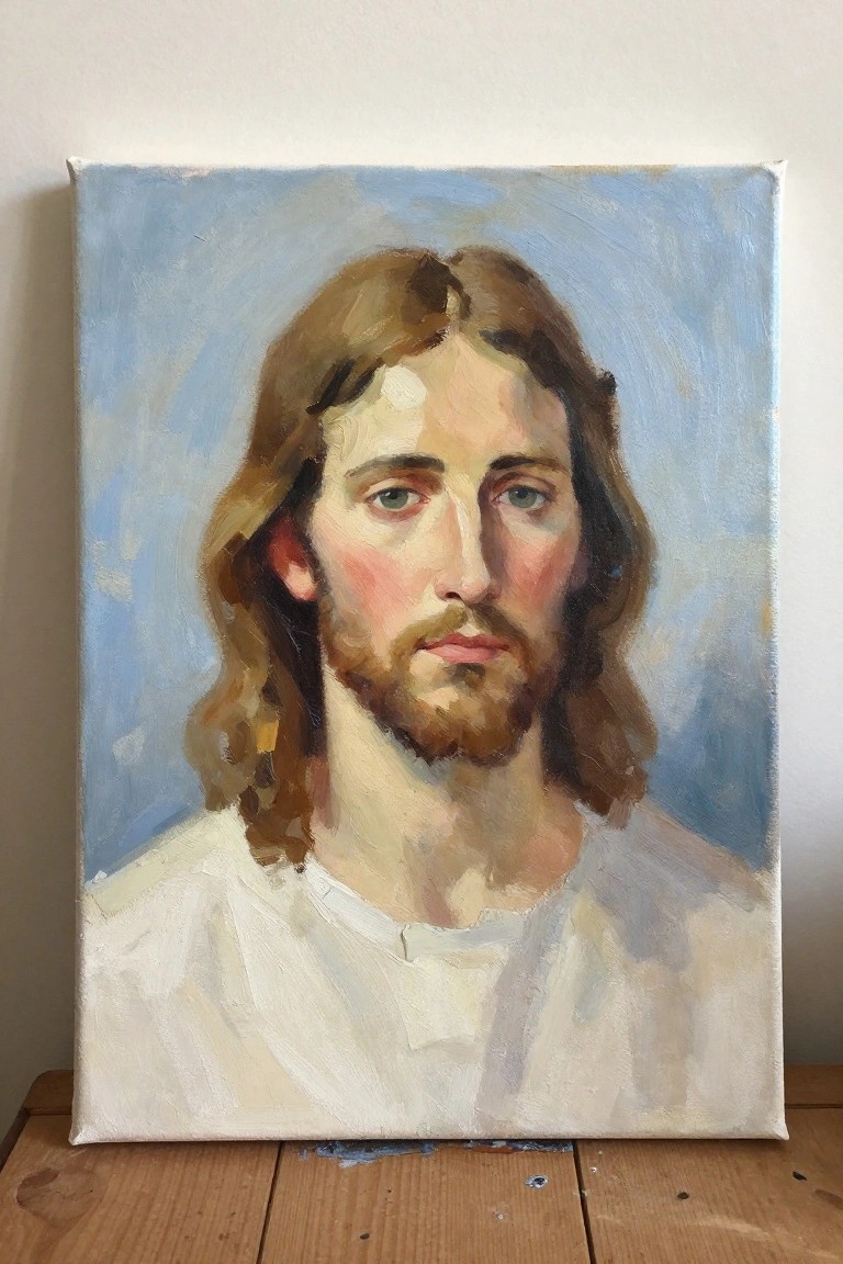 Oil painting of Jesus with long brown hair, beard, and white robe on blue background.