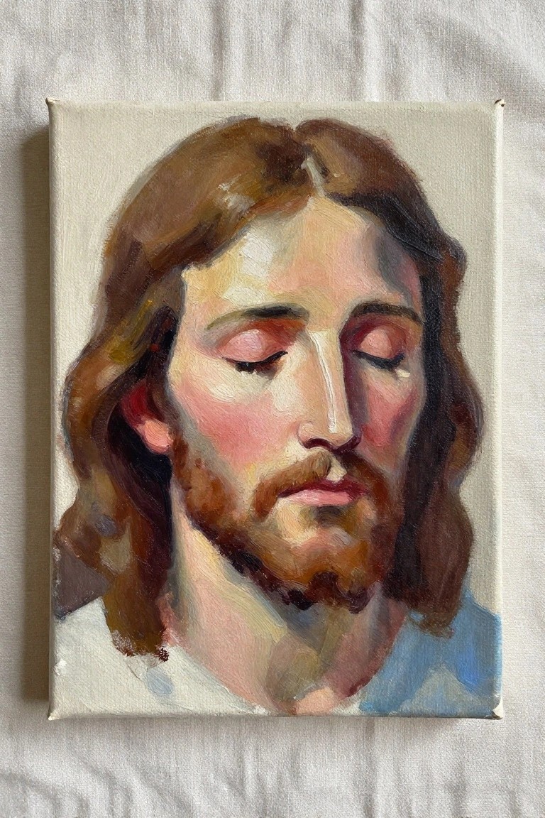 Oil painting of Jesus's face with closed eyes, long brown hair, and a beard.