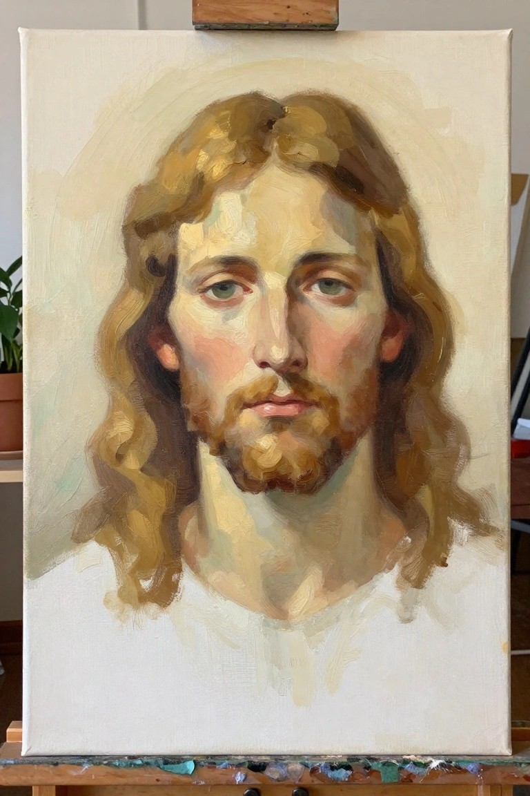 Oil painting of Jesus with long brown hair, beard, and white robe on easel