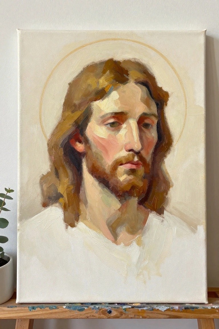 Oil painting of Jesus with long brown hair, beard, golden halo, and white robe on easel