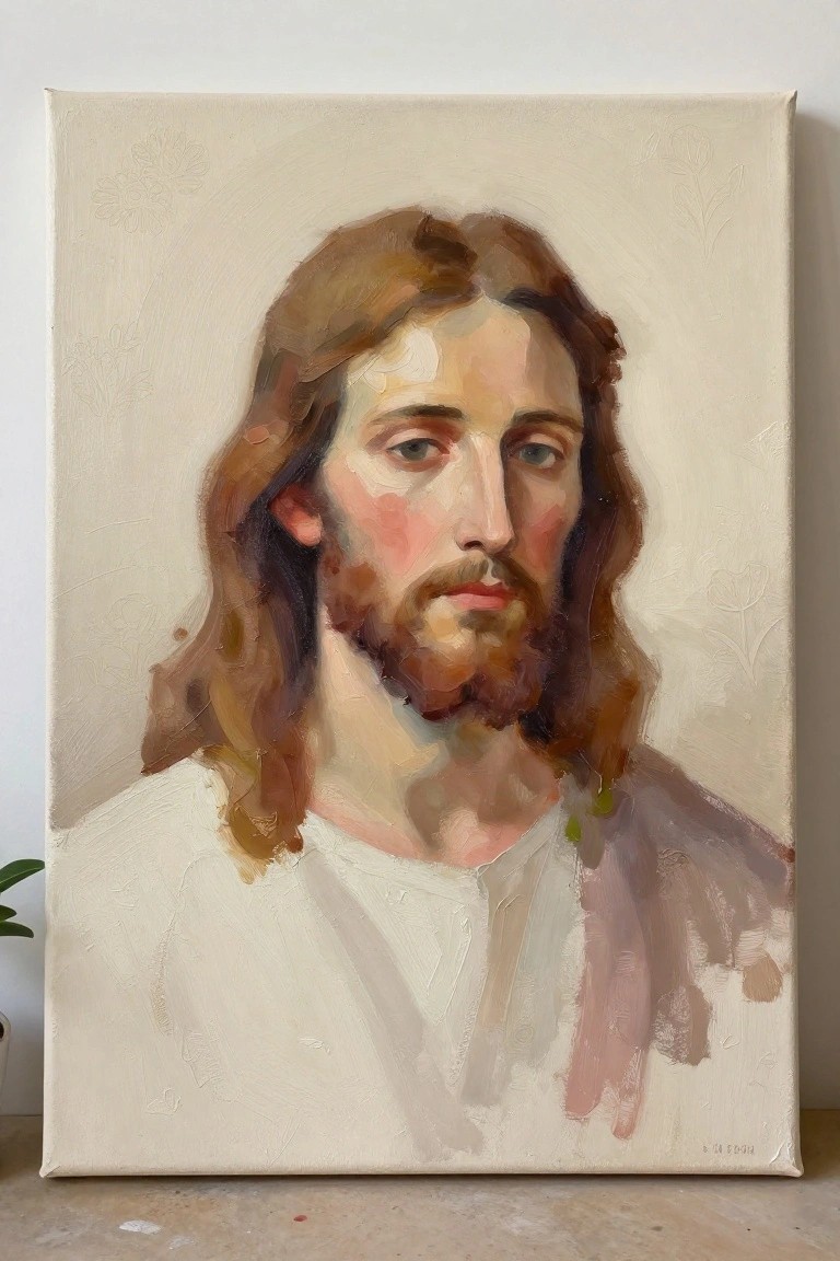 Oil painting of Jesus with long brown hair, beard, and white robe on a light background with faint floral outlines.