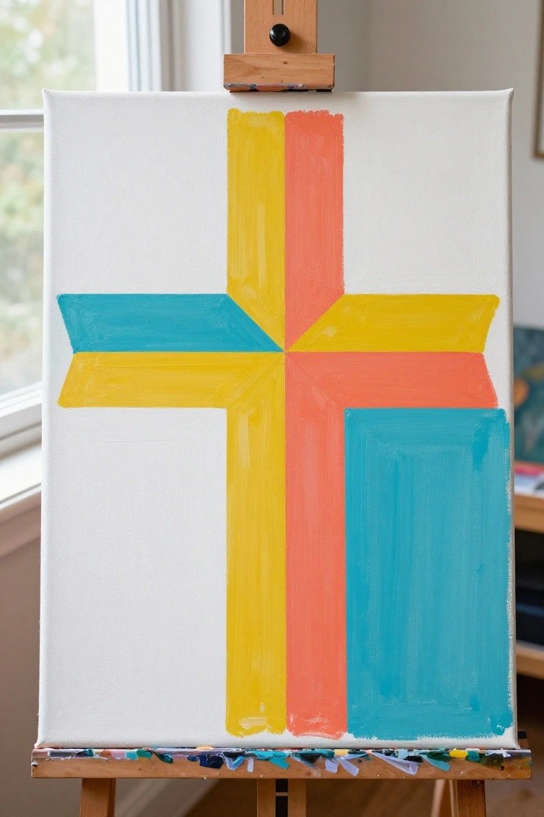 Abstract painting on easel with yellow, orange, and teal geometric crosses on white canvas