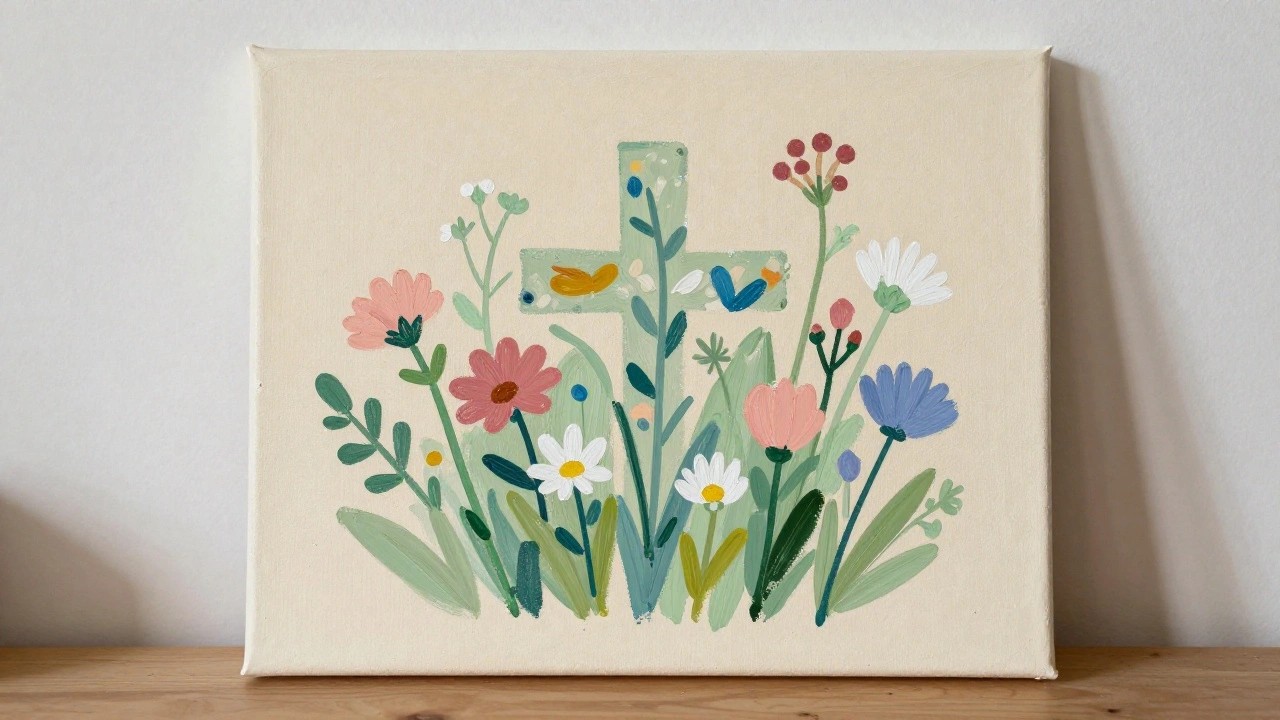 Colorful floral painting on canvas with daisies, tulips, and leaves on windowsill