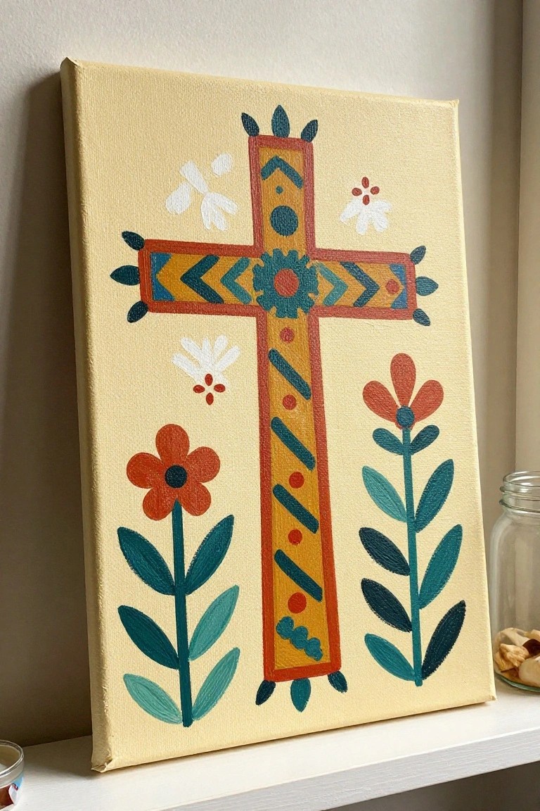 Ornate cross with geometric patterns and colorful flowers on pale yellow canvas