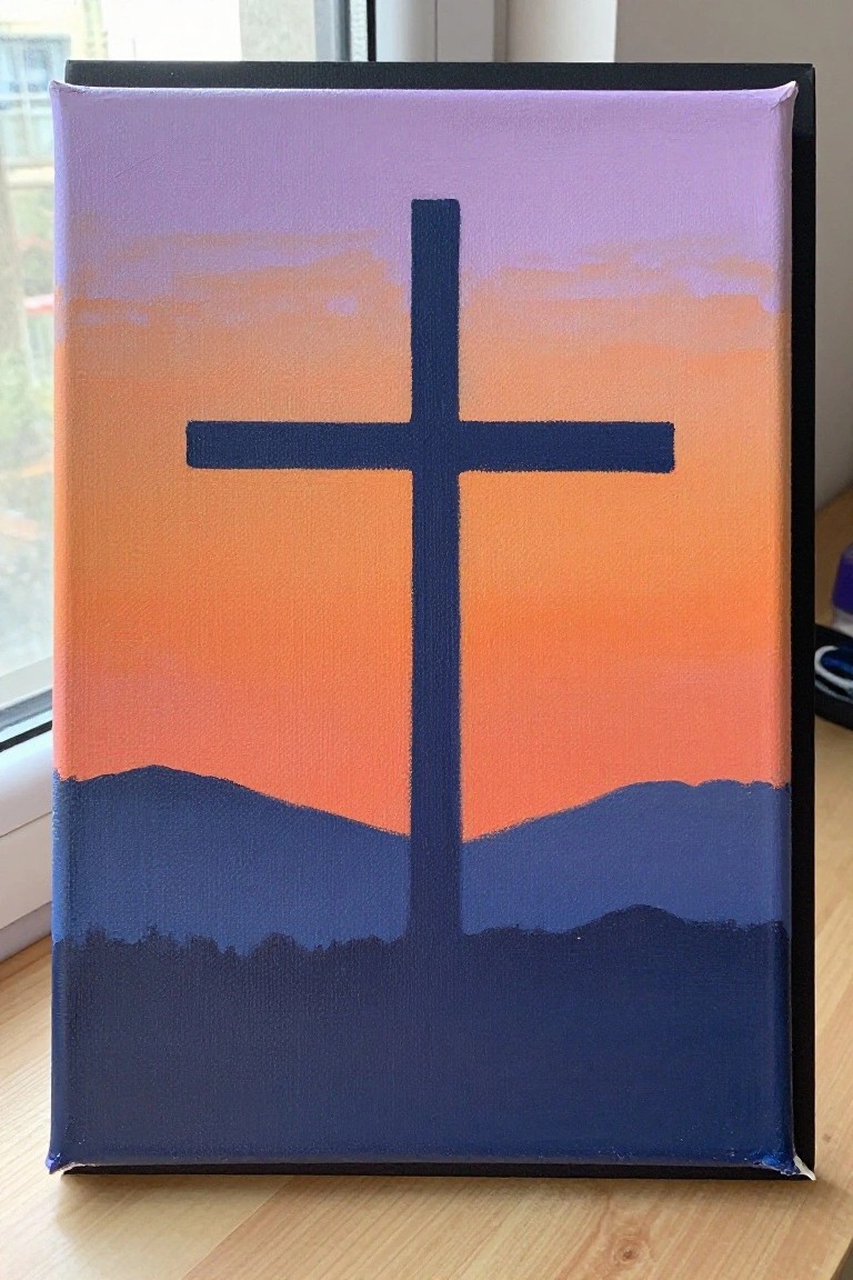 Canvas painting of dark cross against purple-orange sunset sky with blue hills.