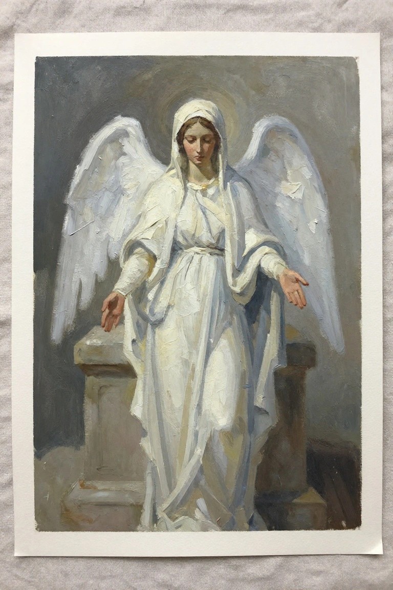 Winged angel in flowing white robes and halo extends hands in dark ruins.