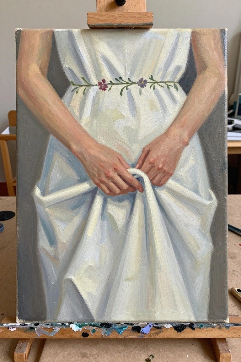 Oil painting on easel of hands tying white dress with floral belt