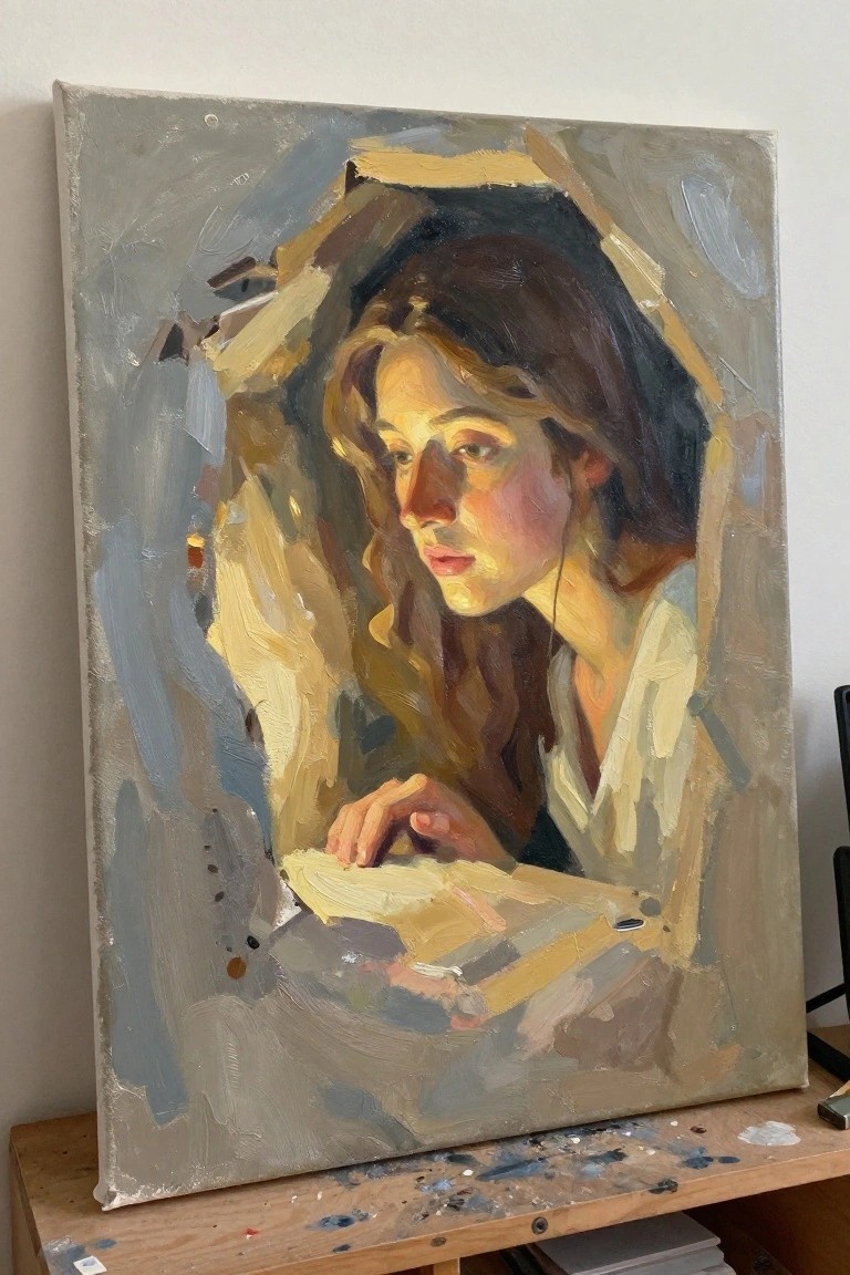 Expressive oil portrait of a woman with brown hair in white shirt reading papers