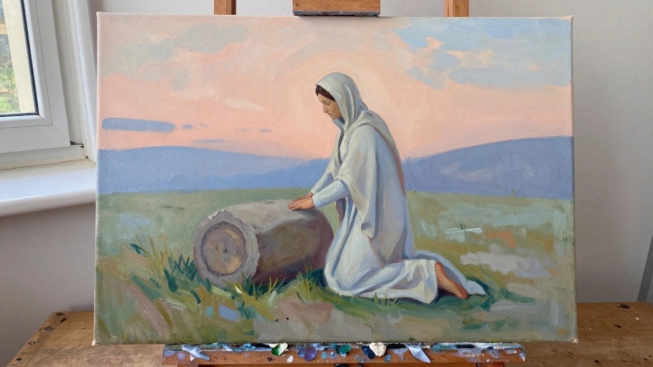 Robed woman in white kneels in meadow touching large gray cylinder under pink-blue sky.