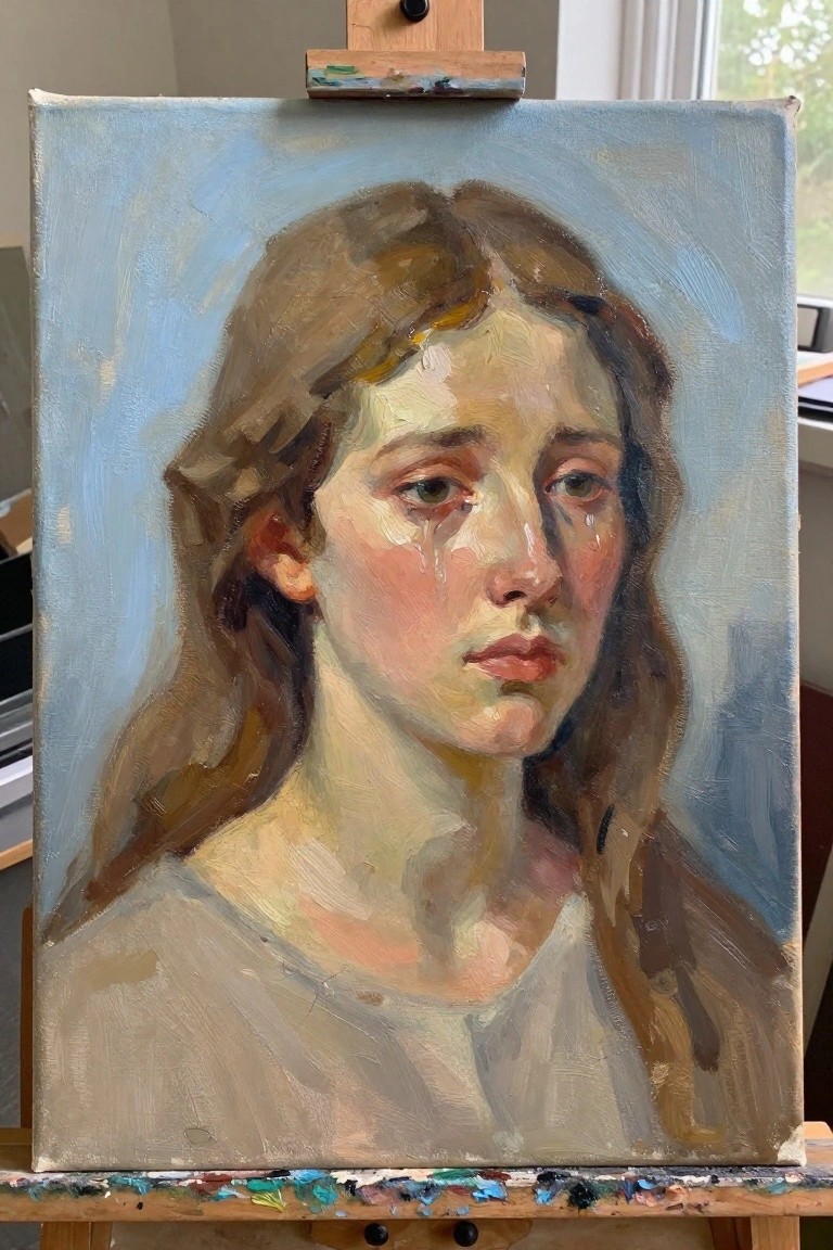 Oil painting of a young woman with long brown hair, tears on her cheeks, and a neutral expression against a light blue background.