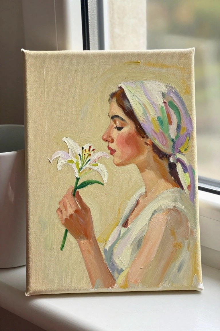 Impressionist painting of woman in colorful headscarf smelling white lily by window