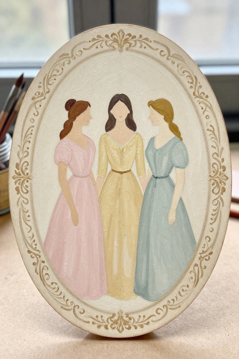 Oval painting of three women in pink, yellow, and blue dresses with ornate border.