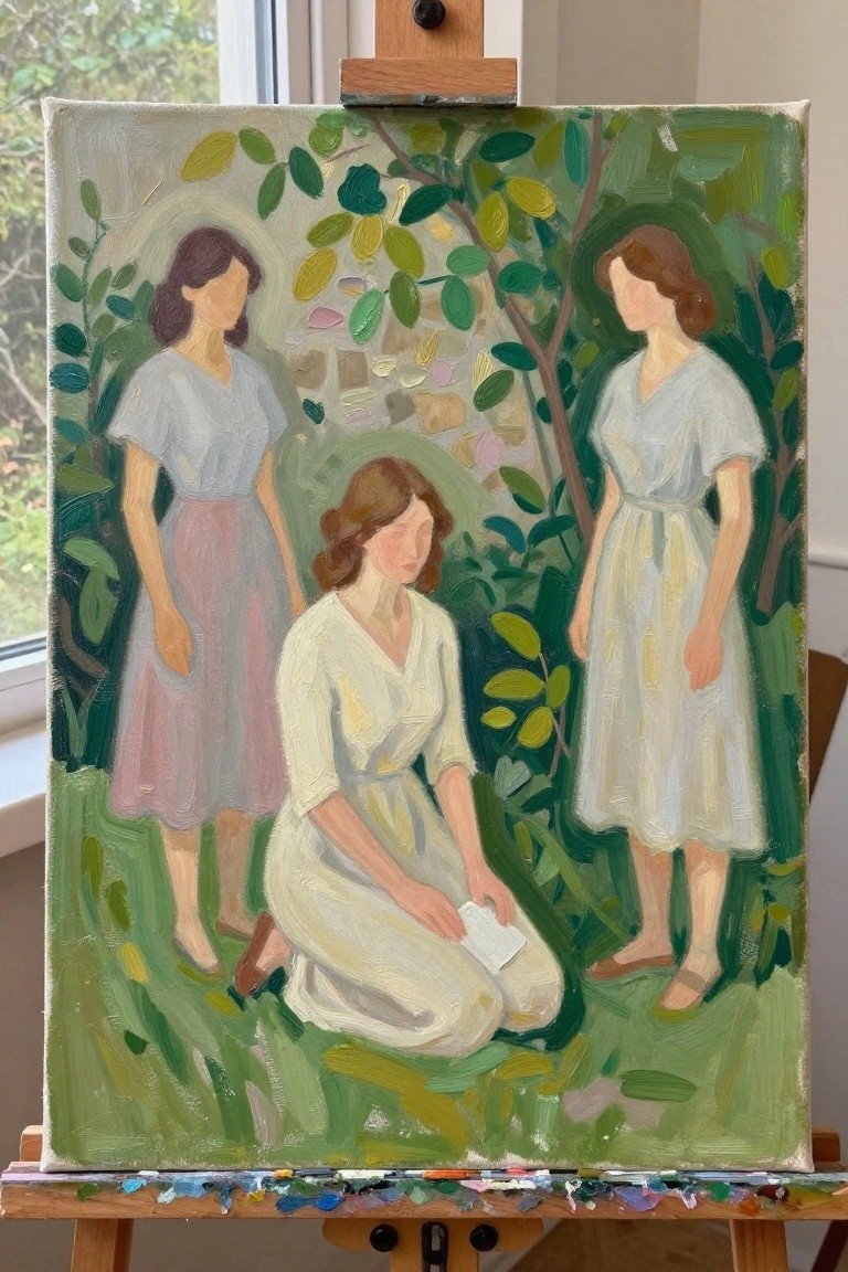 Painting on easel of three women in garden, one kneeling with paper