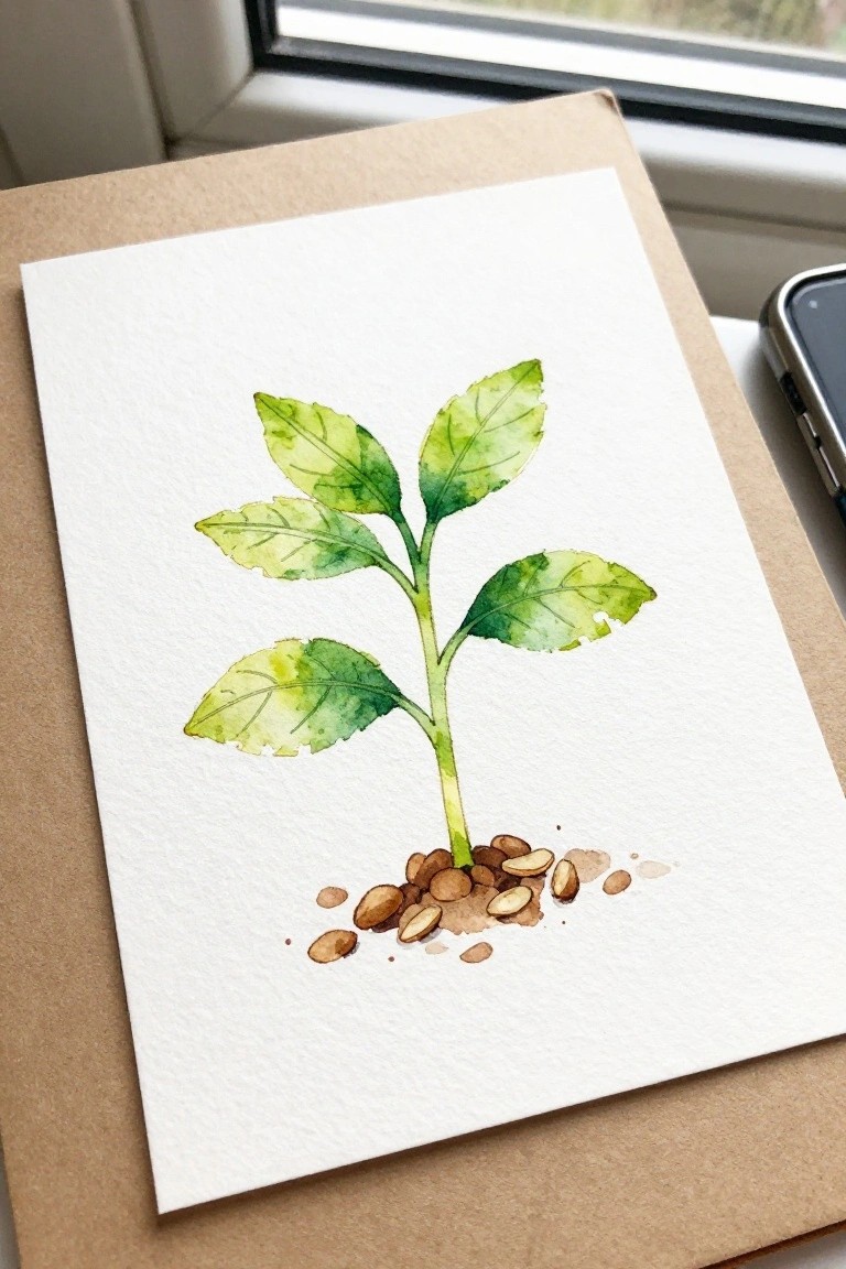 Watercolor painting of green plant sprouting from brown seeds on white paper near window