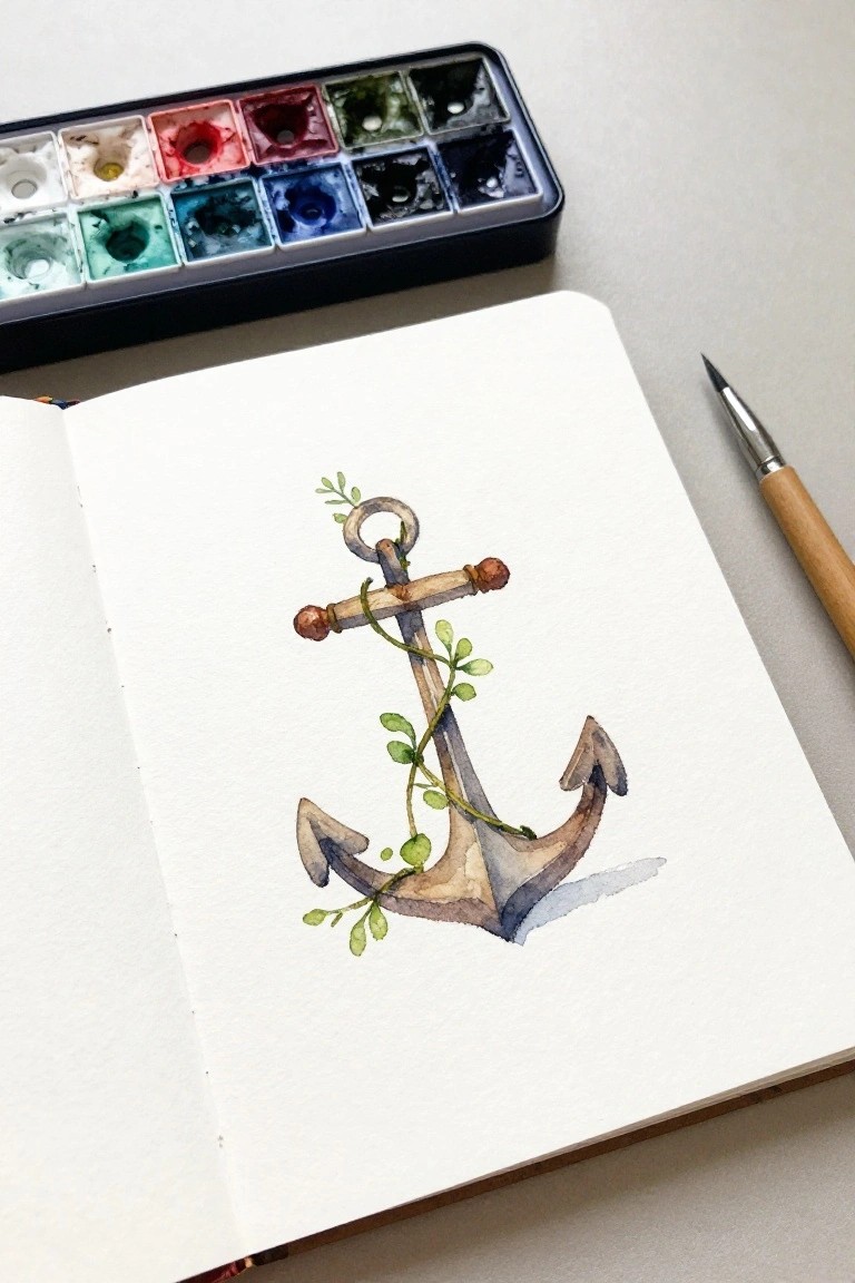 Open sketchbook with watercolor anchor wrapped in green vines, palette and brush nearby