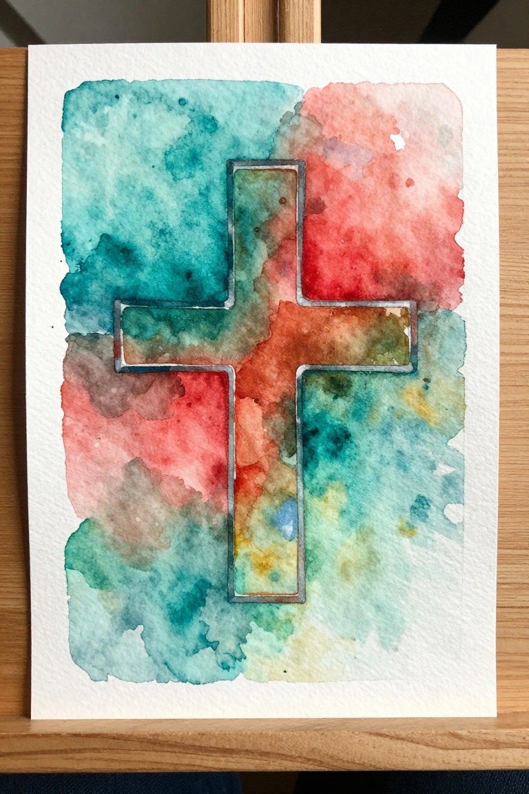 Watercolor cross with silver border over blended teal, red, and orange washes