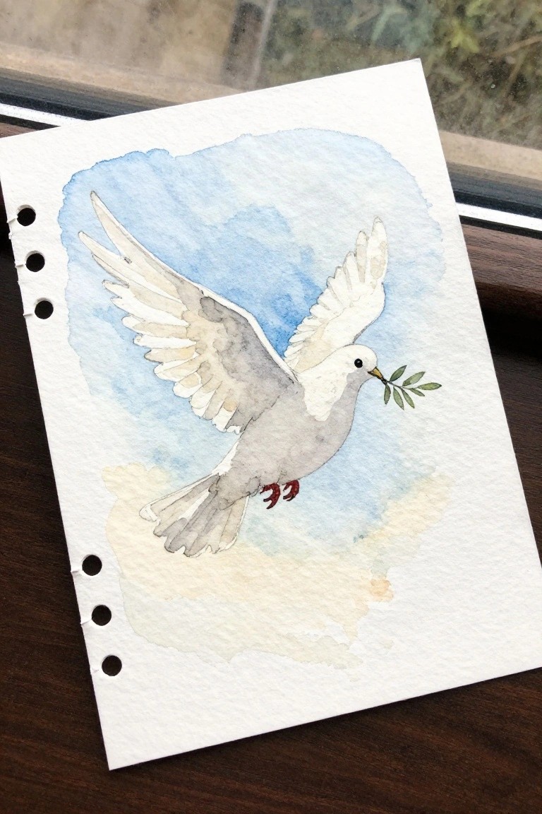 Watercolor painting of white dove carrying olive branch while flying in blue sky