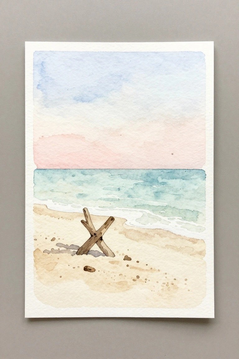Watercolor beach scene with crossed driftwood on sand, turquoise waves, and pastel sky.