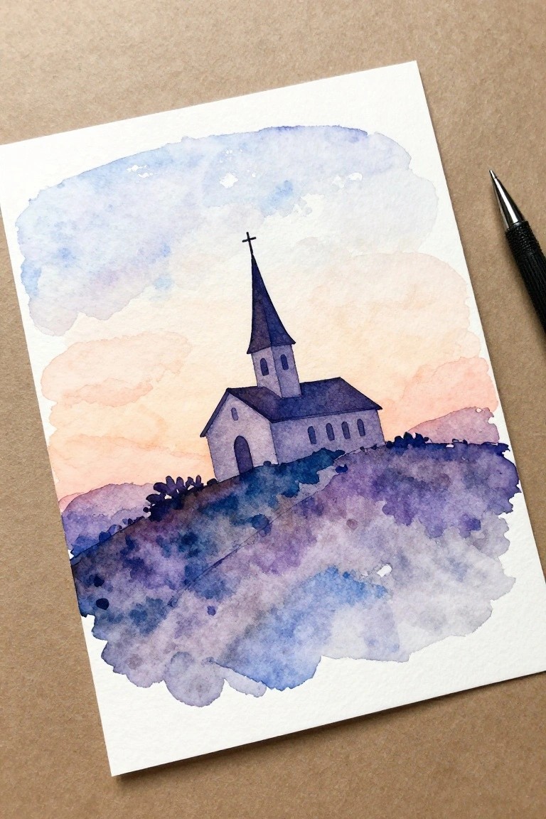 Watercolor of church on purple hill under pastel sky with pen beside it.