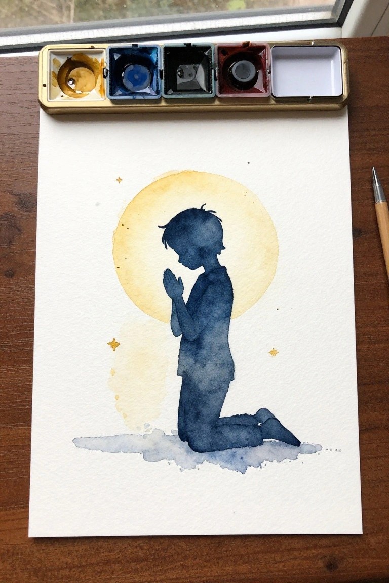 Watercolor silhouette of kneeling child praying before yellow halo, palette and brush nearby