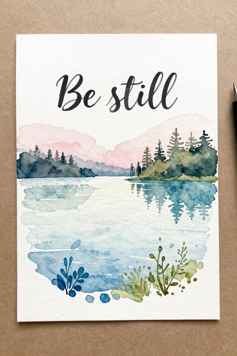 Watercolor painting of serene lake with pine trees, pink mountains, and 